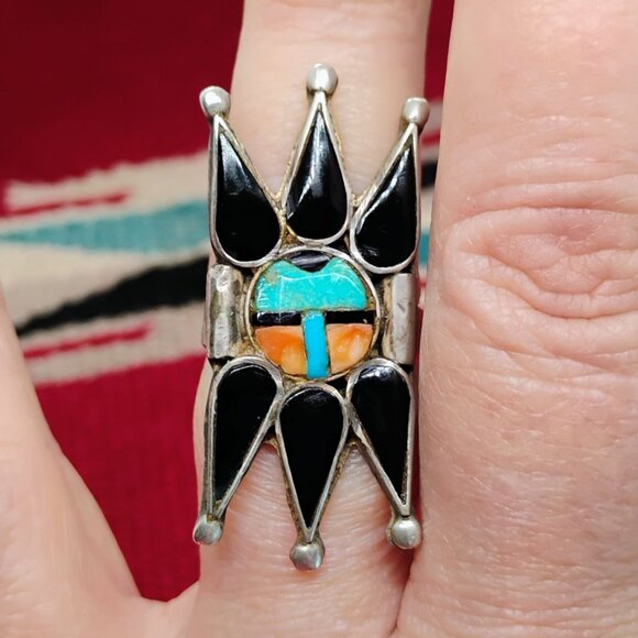VTG Zuni Inlay Sun Face Ring Spiky Black Onyx Turquoise Coral Size 7 - Picture 2 of 7